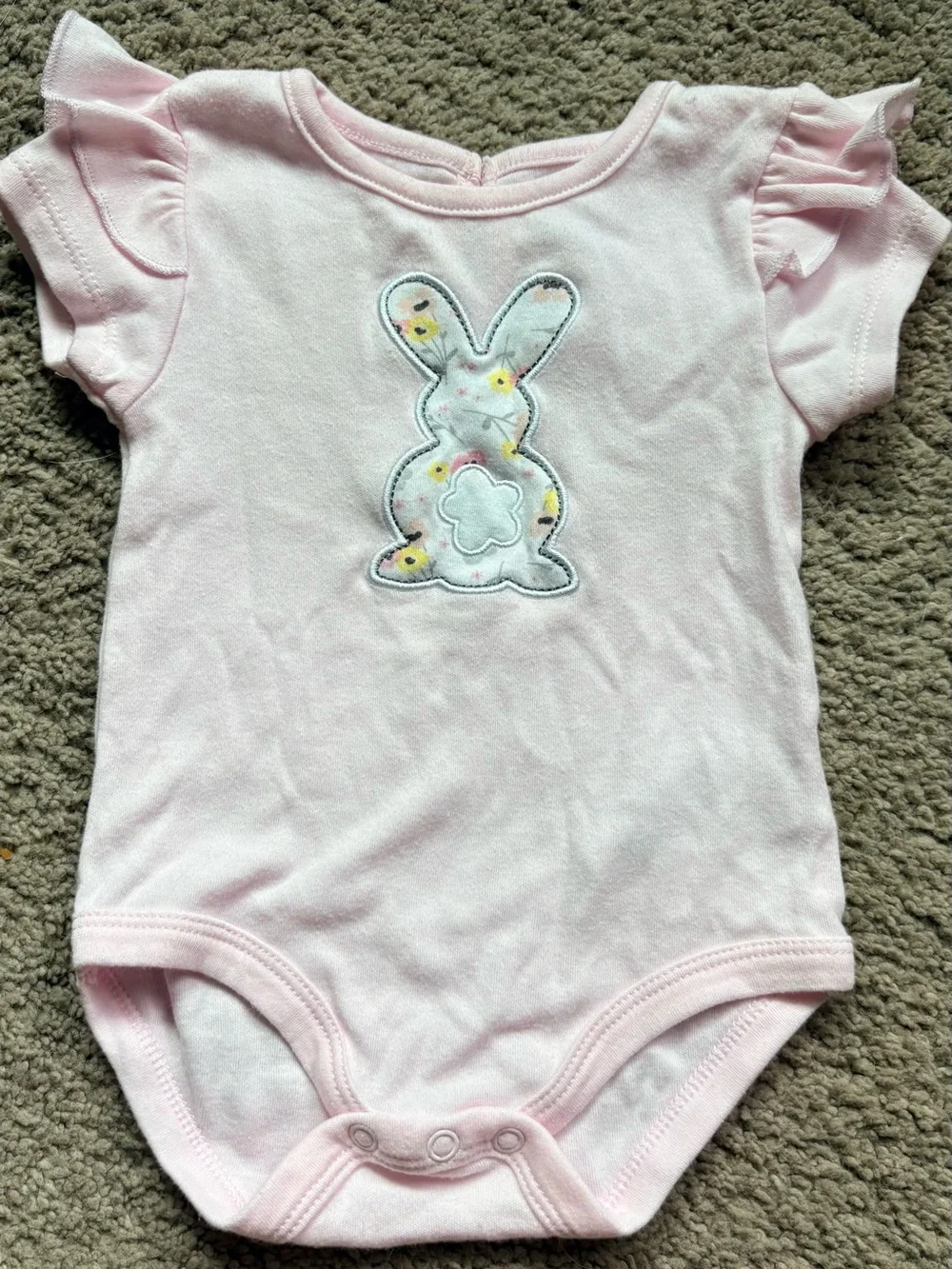 Baby Essentials Light Pink Bunny Appliqué Flutter-Sleeve One-Piece - 9M